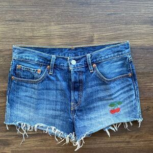 Levi’s 501 XX Raw Hem Cherry Embroidered Distressed Shorts